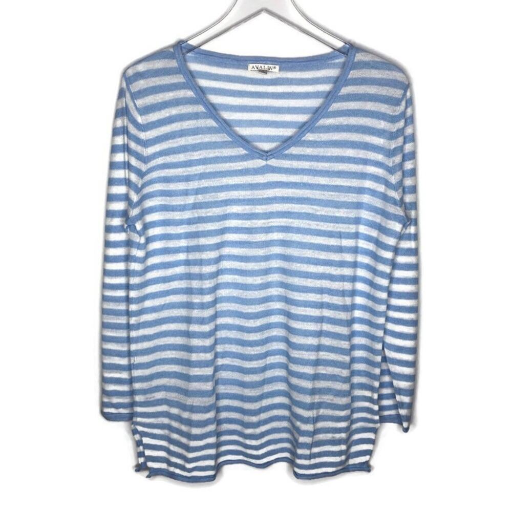 Avalin Blue and White V Neck Sweater Linen Blend M